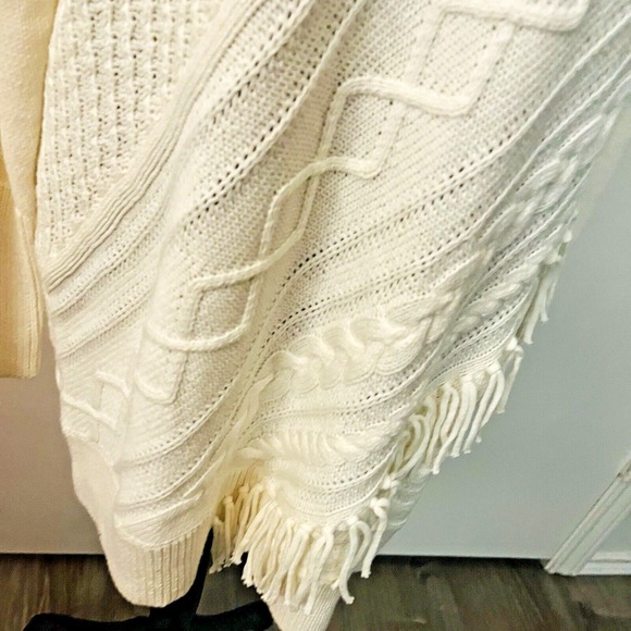 Chico's Ecru Cable Knit Fringe Turtleneck Tunic Sweater | Cozy Luxe Winter Layer - Picture 7 of 10